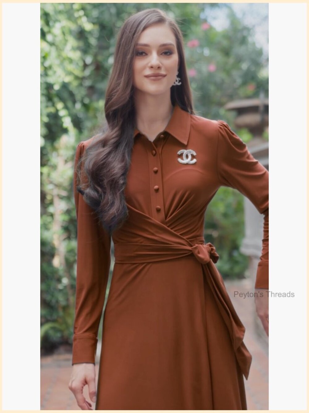Long Sleeve Flowy Wrap Collar Midi Dress - Modest Office - Picture 6 of 7
